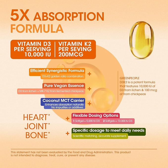 K2 D3 Vitamin Supplement, Vitamin D-3 & K-2 MK-7, 10,000 IU/200 mcg, with Virgin Non-GMO Coconut MCT Oil | 300 Vegan Softgels | Bone Health, Immune Support