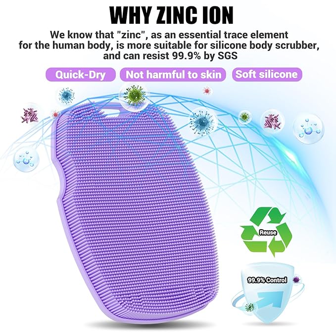 Silicone Body Scrubber Anti Slip for Shower,Zinc Infused Soft Bristles Shower Scrubber for Body Exfoliator,Hygienic,Blood Circulation - Purple