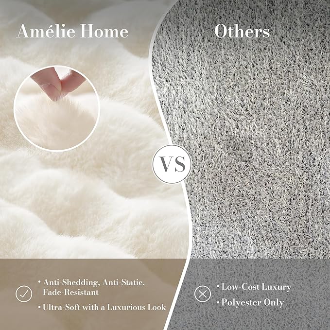 Amélie Home Faux Fur Queen Size Blanket, Fuzzy Soft Plush Thick Bubble Blanket for Bed Sofa Bedroom Living Room, 90 x 90 Inches, Cream White