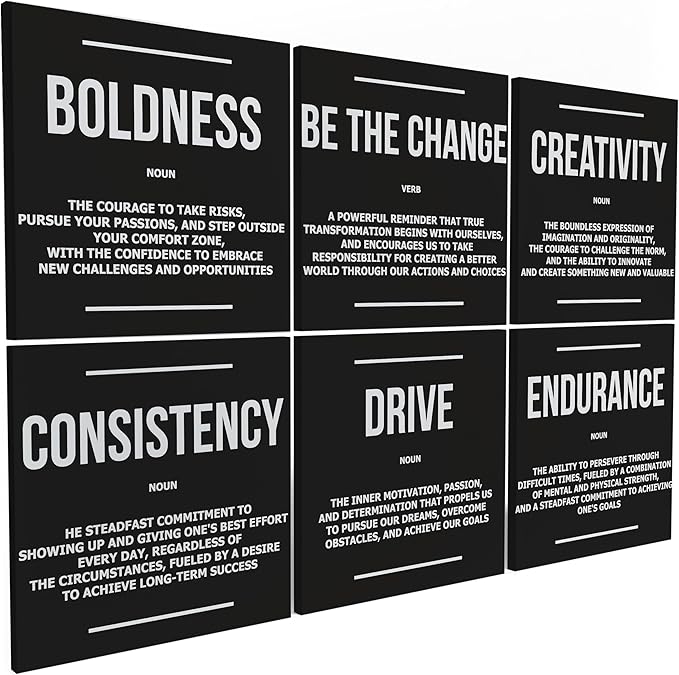 6X Motivational canvas, wall art for bedroom and office, inspirational black and white canvas poster, motivational poster set, decor bundle for home, wall pictures for living room (6x - 8 x 8 in)