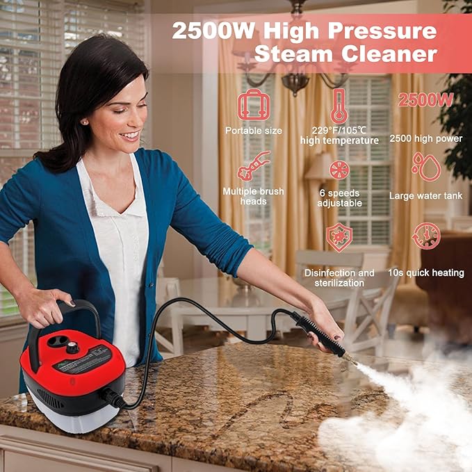 Steam cleaner,Handheld Steamer for Cleaning with 6 Brush Heads, 6 Speeds High Pressure Temperature Portable Steam Cleaner for Upholstery,Kitchen,Furniture Bathroom Car,Grout and Tile (Red)