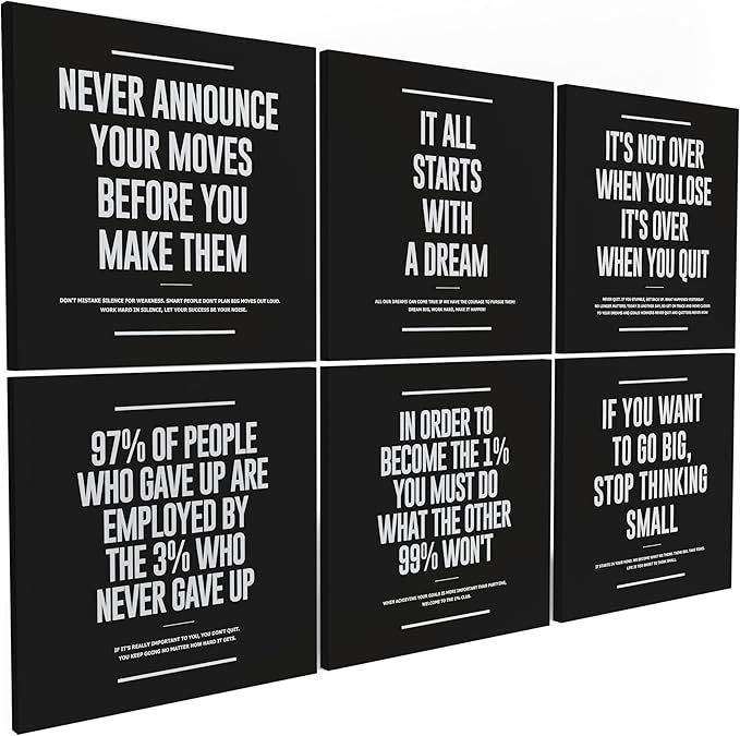 6X Motivational canvas, wall art for bedroom and office, inspirational black and white canvas poster, motivational poster set, decor bundle for home, wall pictures for living room (6x - 16 X 16 in)