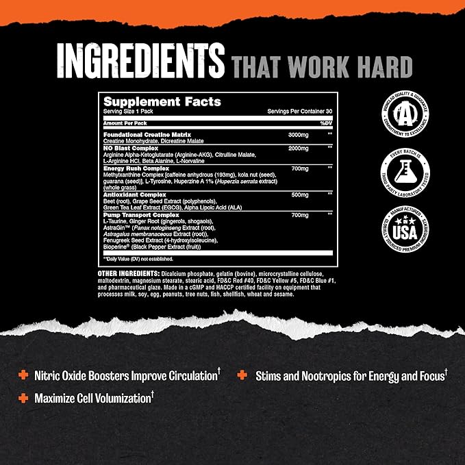 Animal Pump Pre-Workout Supplement – for Energy, Focus and Muscle Volumizing, with Nitric Oxide Boosters Including Stims and Nootropics, Creatine, and Ultimate Pump Enhancer, 30 Packs