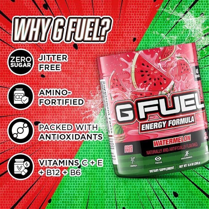 G fuel Watermelon Energy Drink Powder, Pre Workout Caffeine Mix for Gaming, Sugar Free Focus Amino, Vitamin + Antioxidants, 9.9oz (Watermelon, 40 Servings)