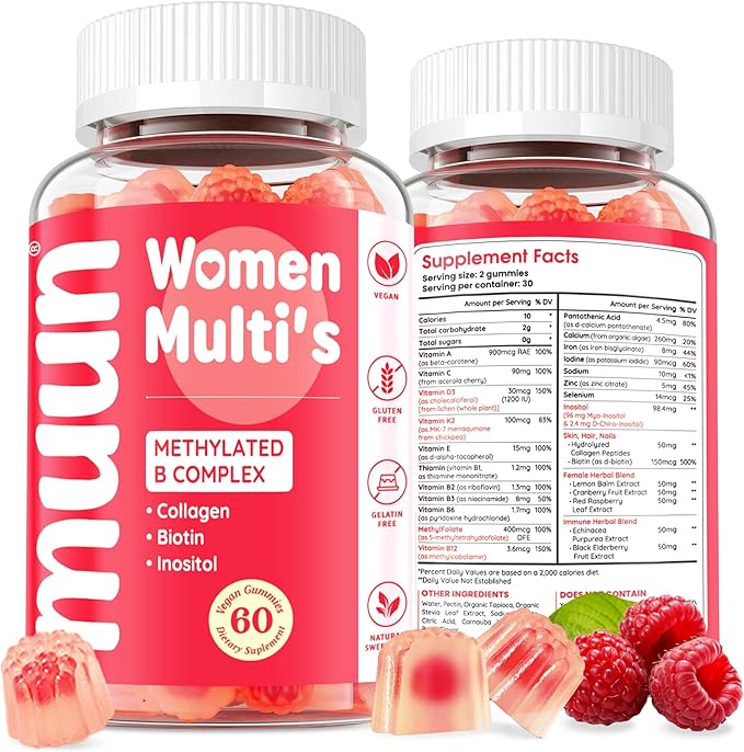 Muun Women's 14+ Multivitamin Gummy 60 Ct, Methylated B-Complex, Beauty & Energy - Sugar Free, Low Iron, Folate, Biotin, Vitamin A, C, D3, E, K, B6, B12