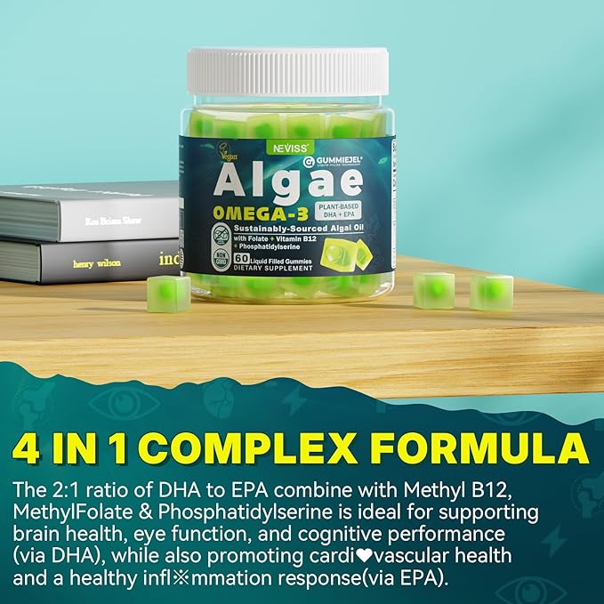 2 Pack Algae Omega 3 Gummies 1000mg, Plant Based DHA 460mg & EPA 230mg, Omega 3 Fish Oil Alternative for Adults, Plus MethylFolate, Vitamin B12, Phosphatidylserine, No Fishy Taste, Vegan, Sugar Free