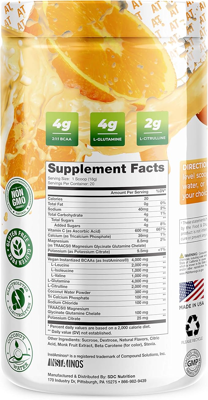 About Time BCAA Hydration Powder Orange Cream, with L-Glutamine & Electrolytes, Non-GMO, Gluten Free, Monk Fruit, Coconut Water, 20 Servings