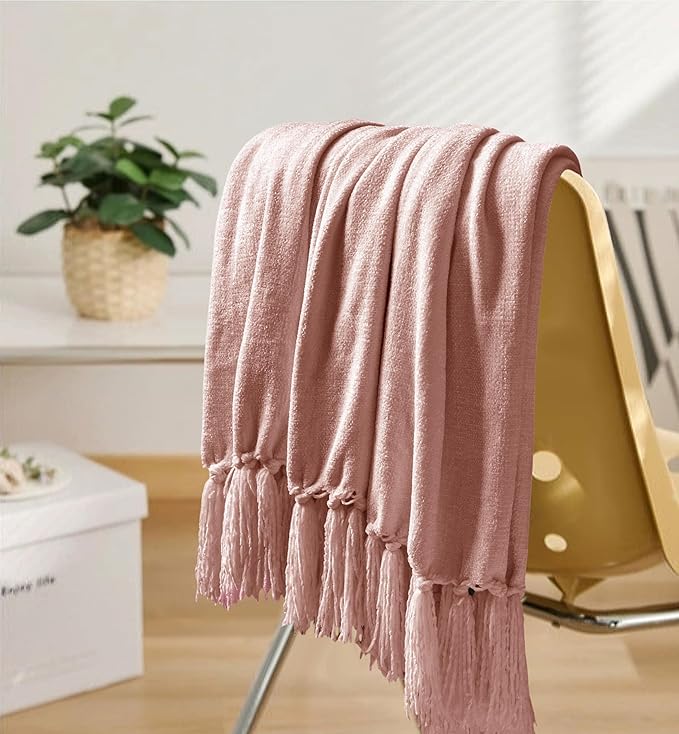 Chenille Throw Blanket for Couch 50"X 60", Soft Cozy Throws with Fringe Tassel for Bed Sofa Chair Cover, Lightweight Knitted Decorative Boho Blankets for Living Room, Dusty Pink