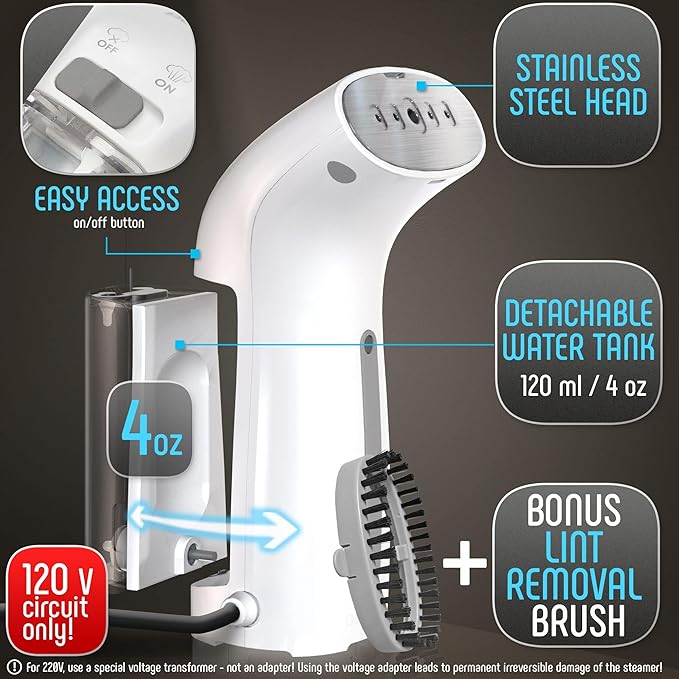 Portable Travel Garment Steamer for Clothes, Metal Steam Head, 25s Heat Up, Pump System, Mini Size, Handheld Steamer for Any Fabrics, No Water Spitting, 120V