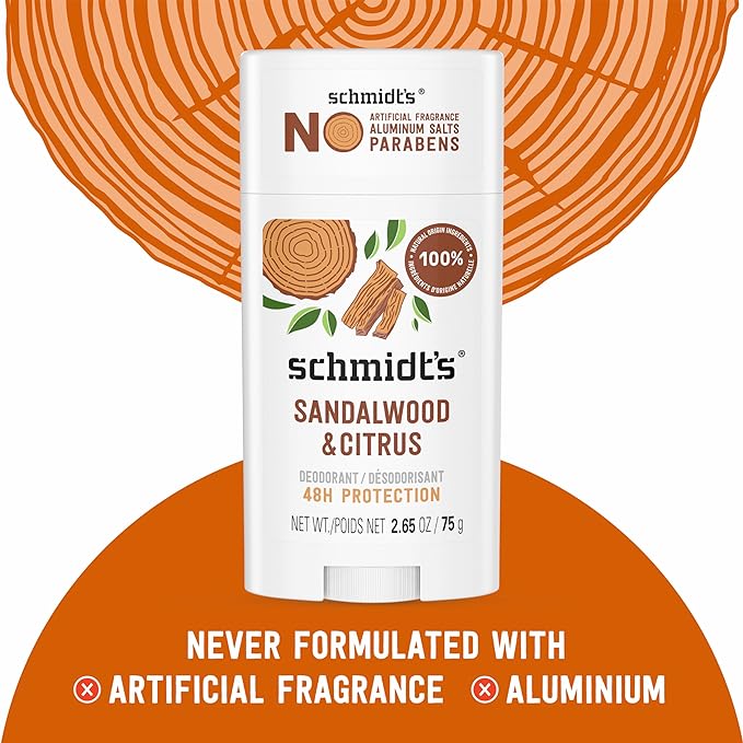 Schmidt's Aluminum-Free Vegan Deodorant Sandalwood & Citrus 2 Count for Women and Men, with 24 Hour Odor Protection, Natural Ingredients, Cruelty-Free, 2.65 oz