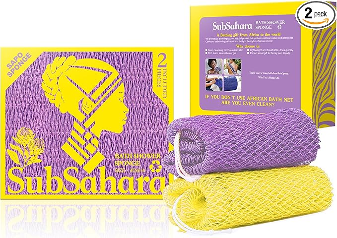 SubSahara Authentic African Net Sponge - 2 Pieces Exfoliating Scrubber for All Skin Types, Bath Sponge for Face & Body, Travel Portable, Durable, Gentle Exfoliation (Lavender Purple & Bright Yellow)