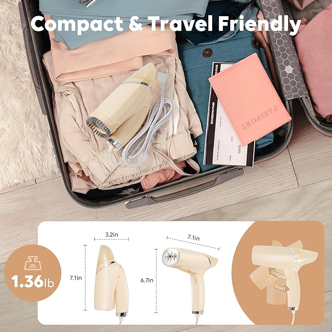 Portable Steamer for Clothes, 25s Fast Heat-up, 1000W Travel Steam Iron Wrinkles Remover with Brush, Foldable Garment Steamer 100ml Water Tank for Home Travel Office (120V Only)