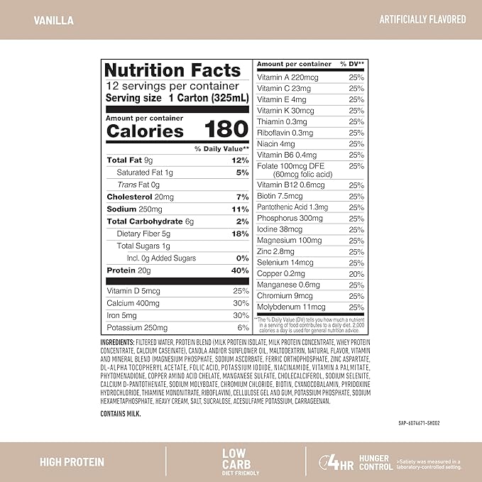SlimFast Protein Shake, Vanilla- 20g Protein, Meal Replacement Shake Ready to Drink, High Protein with Low Carb and Low Sugar, 24 Vitamins and Minerals, 12 Count (Pack of 1) (Packaging May Vary)
