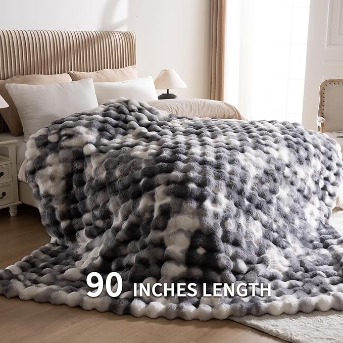 Cozy Faux Fur Throw Blanket for Bed-Warm Fuzzy Throw Blanket, Soft Plush Thick Bubble Blankets for Bedroom and Living Room, Furry Luxury Blanket, 90 x 108,Tie-Dye Grey
