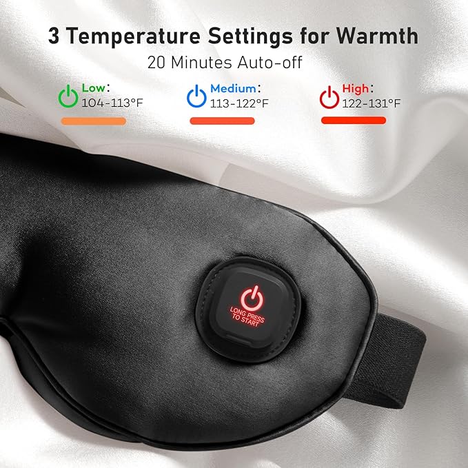 LitBear Heated Eye Mask, Silk Cordless Warm Eye Compress for Dry Eyes, Light Blocking Heat Eye Mask for Women Men, Soft Eye Heating Pad for Dry Eyes, Travel, Rechargeable, Washable Cover (Black)