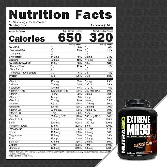 NutraBio Extreme Mass Gainer Protein Powder, 53G Protein, Clean Weight Gainer, Increase Muscle Mass, Full Spectrum Amino Acid - Chocolate, 6 Pound