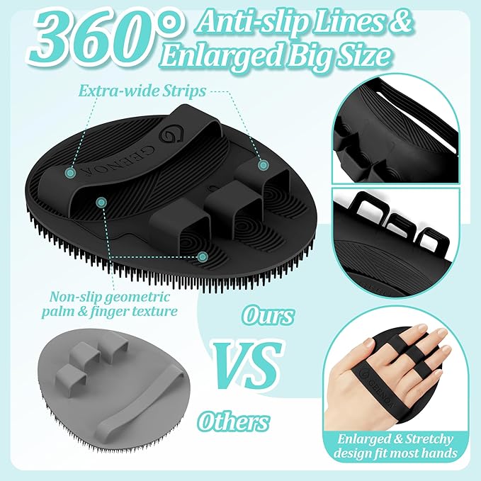 Silicone Back/Body/Face Scrubber & Soft Bath Glove Set 4PCS, Gentle Exfoliating Back & Body Scrubber with Dual-Side Brush Head, Hand-fit Bath Glove & Face Scrubber for Deep Cleaning(Black-4PC)