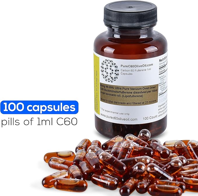 C60 Organic Avocado Oil Capsules Pills 100ml / 3.4 Fl Oz - 99.99% Carbon 60 Solvent Free 80mg - Food Grade - Carbon 60 Avocado Oil - from The Leading Global Producer