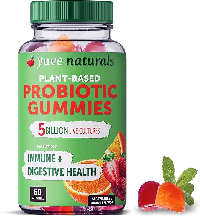 Yuve 100% Natural Sugar Free Probiotic Gummies 5 Billion CFU, Helps with Constipation, Bloating & Leaky Gut - Vegan, Gluten-Free & Non-GMO - 60ct