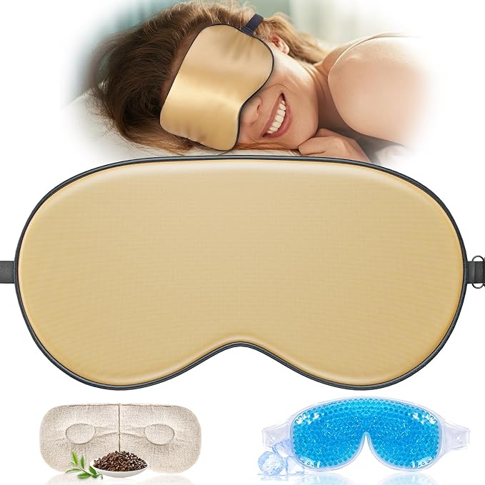 TOPOINT Silk Sleep Mask Light Blocking, 3-in-1 Cooling Heated Eye Mask for Sleeping, Includes Silk Senna Seed and Gel Masks, for Migraine Dry Eye Dark Circles Women Men