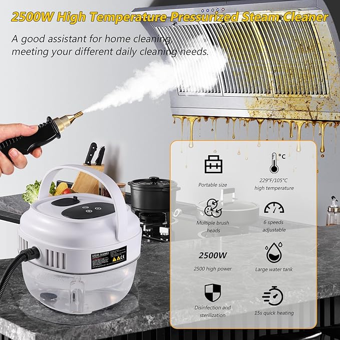 Handheld Steam Cleaner 2500W Powerful Steamer for Cleaning Home Upholstery Car and More, 15s Heat-Up, Portable Steam Cleaner for Deep & Multi-Surface Cleaning (White)