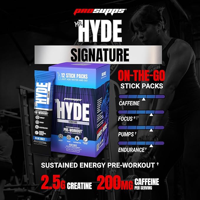 PROSUPPS Mr. Hyde Signature Pre Workout Drink Mix- Performance, Energy & Endurance with Creatine, Beta Alanine & Caffeine - Clean Gym Supplements for Men & Women (Blue Razz, 12 On-The-Go Packets)