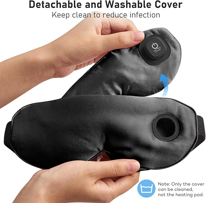 LitBear Heated Eye Mask, Silk Cordless Warm Eye Compress for Dry Eyes, Light Blocking Heat Eye Mask for Women Men, Soft Eye Heating Pad for Dry Eyes, Travel, Rechargeable, Washable Cover (Black)