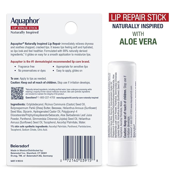 Aquaphor Lip Balm Set - Naturally Inspired Lip Repair With Shea Butter, Coconut Oil (0.17 Oz) + Aloe Vera (0.17 Oz)