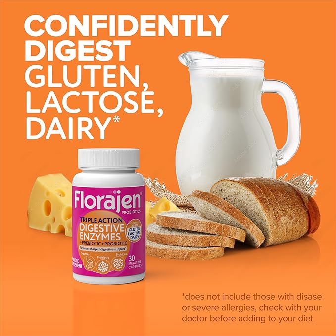 Florajen Digestive Enzymes with Probiotics & Prebiotics - Triple-Action Formula for Gut Health, Bloating, & Gas Relief - Supports Gluten & Dairy Digestion - Clean, Non-GMO - 30-Count