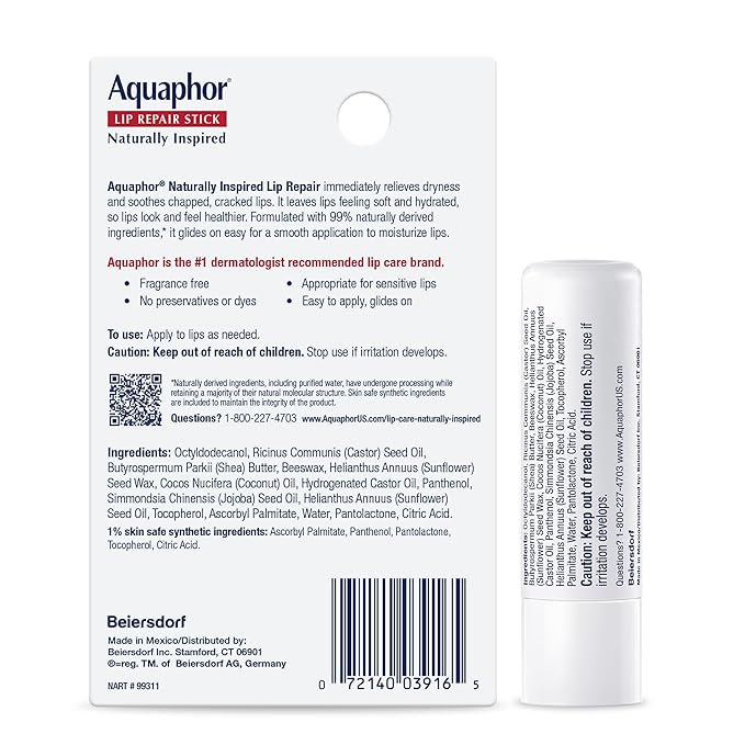 Aquaphor Naturally Inspired Lip Repair Stick with Coconut Oil and Natural Shea Butter, Hydrating Lip Balm Immediately Relieves Dryness and Soothes Chapped Lips, 0.17 Oz Stick, Pack of 3