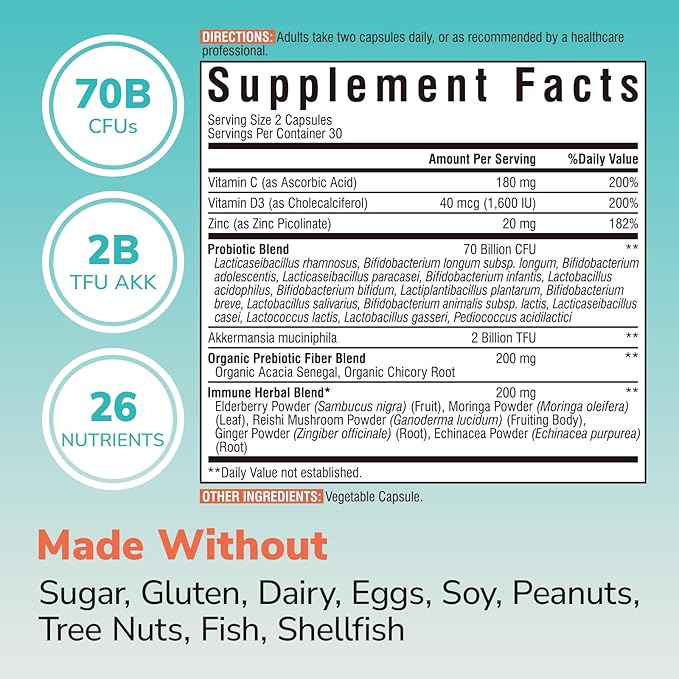 Akkermansia Probiotics for Women & Men, Immune Support Supplement, 16 Strains, with Prebiotics, Zinc, Vitamins C & D3, Moringa & Elderberry, Non-GMO, Digestive Support, 60 Capsules