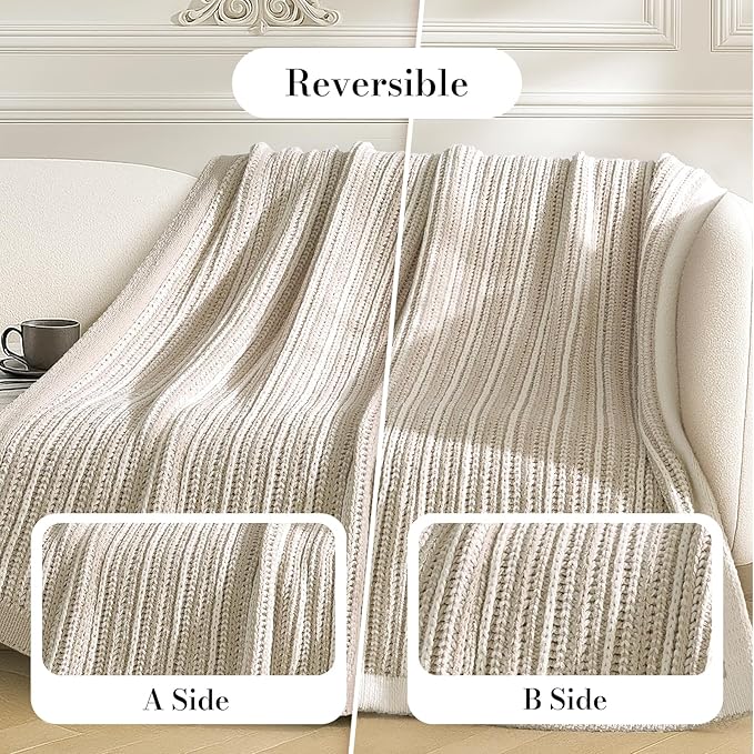 Amélie Home Chenille Striped Knit Throw Blanket for Couch Twin, Reversible Soft Cozy Knit Blanket Lightweight Warm Decorative Throw for Sofa, Bed, Living Room, 50"x60", Khaki & White