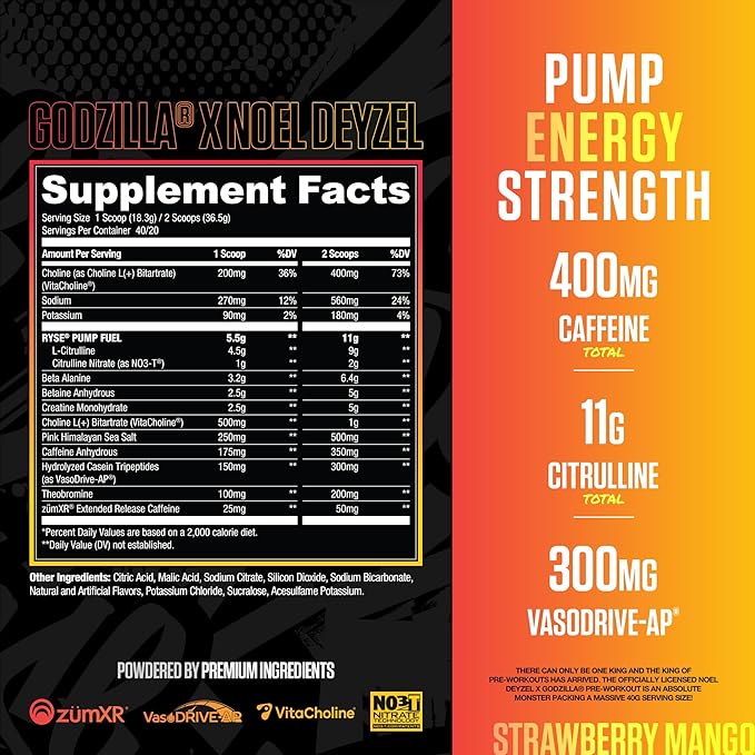 RYSE Godzilla X Noel Deyzel Pre Workout Powder - Strawberry Mango - 400mg Caffeine, High Stim Pre-Workout for Men & Women with Citrulline & Beta Alanine - Energy, Pump & Focus - 20/40 Servings