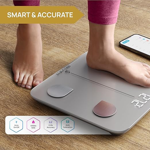 INEVIFIT Smart Body Fat Scale, Highly Accurate Bluetooth Digital Bathroom Body Composition Analyzer, Measures Weight, Body Fat, Water, Muscle, Visceral Fat & Bone Mass for Unlimited Users (Silver)