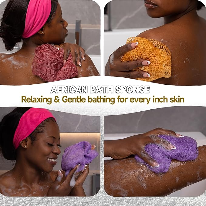 SubSahara African Net Sponge Authentic - 4 Pieces Gentle Exfoliating Scrubber for All Skin Types, Bath Sponge for Face & Body, Travel Portable (Golden, Blush Powder, Mint Green, Lavender Purple)