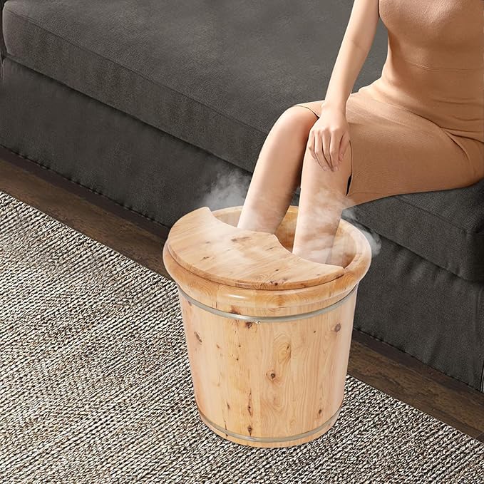 Wooden Foot Bath Bucket Foot Soaking Bath Basin with Lid Wood Footbath Barrel with Wooden Stool Pedicure Barrel for Spa, Massage, Sauna 15.75 * 15.75in (Wood Color)
