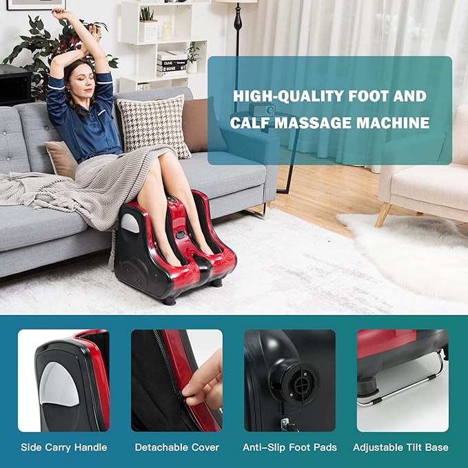 Giantex Foot and Calf Massager with Heat - Shiatsu Foot Massager Machine with Vibration, Deep Kneading, 3-Level Intensity Modes, Electric Foot Massager for Tired Feet, Leg, Calf Pain Relief (Red)