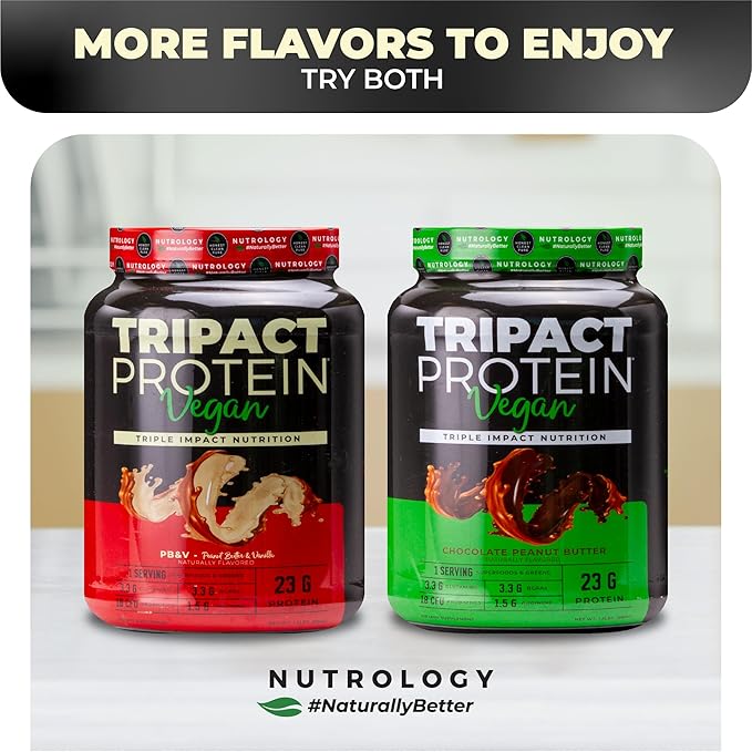 Nutrology TRIPACT Vegan Protein Powder - Organic Pea, Rice & Pumpkin Protein, BCAAs & Glutamine Plant-Based Meal Replacement Shakes for Muscle Recovery & Immunity, Peanut Butter & Vanilla, 20 Servings