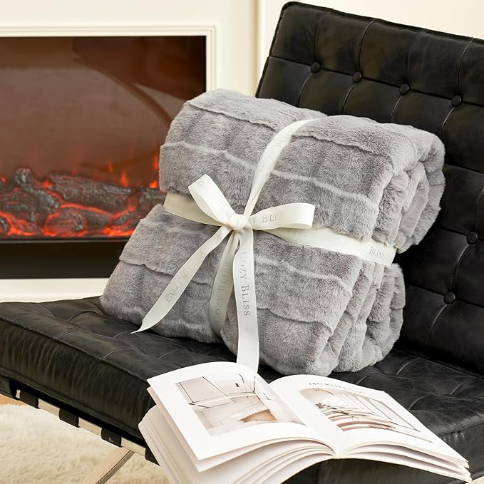 Cozy Bliss Fluffy Faux Fur Throw Blanket for Couch,Lightweight Cozy Soft Grey Throw Blankets for Sofa Bed Living Room,50x60 Inches