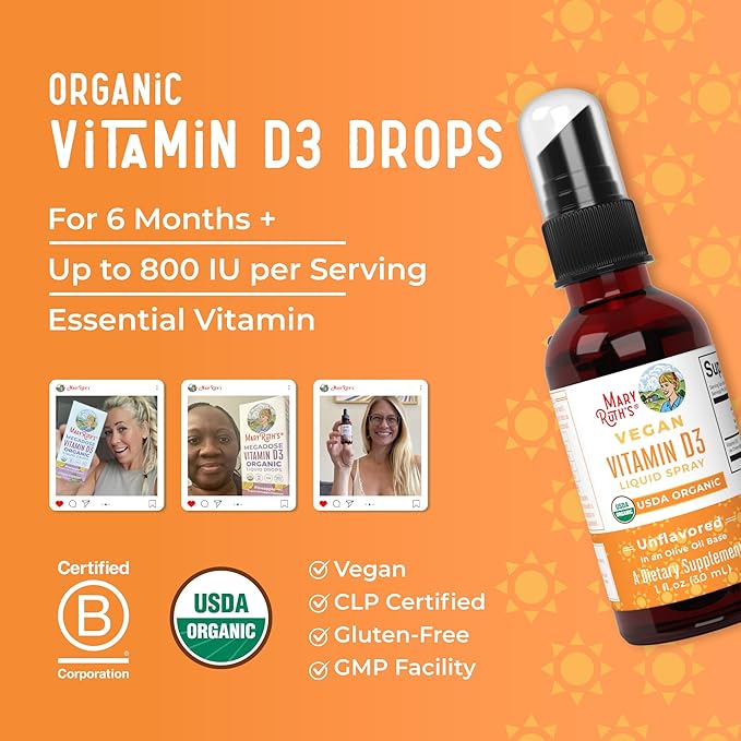MaryRuth Organics Vitamin D USDA Organic | VIT D3 Liquid | Sugar Free | Liquid VIT D Spray Immune Support for Adults & Kids | Bone Health| Vegan | Gluten Free | Non-GMO | 30 Servings