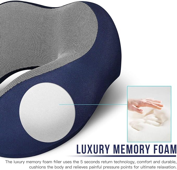 MLVOC Travel Pillow 100% Pure Memory Foam Neck Pillow, Comfortable & Breathable Cover, Machine Washable, Airplane Travel Kit with 3D Contoured Eye Masks, Earplugs, and Luxury Bag, Standard (Blue)
