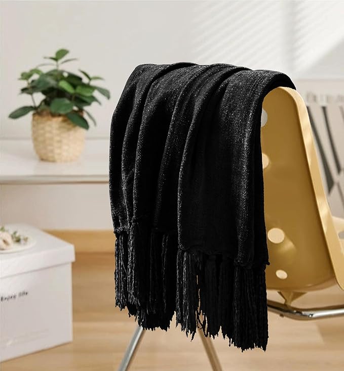 Chenille Throw Blanket for Couch 50"X 60", Soft Cozy Throws with Fringe Tassel for Bed Sofa Chair Cover, Lightweight Knitted Decorative Boho Blankets for Living Room, Black