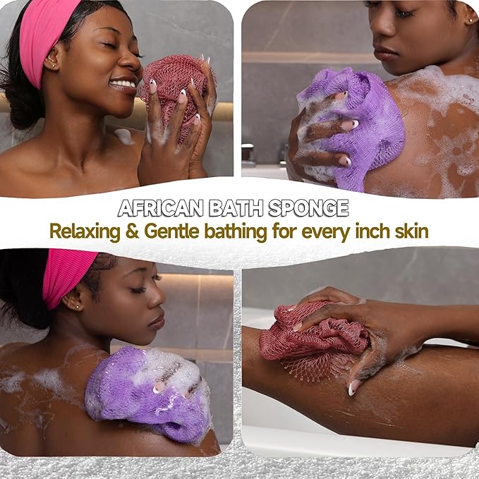 SubSahara Authentic African Net Sponge - 2 Pieces Exfoliating Scrubber for All Skin Types, Bath Sponge for Face & Body, Travel Portable, Durable, Gentle Exfoliation (Blush Pink & Lavender Purple)