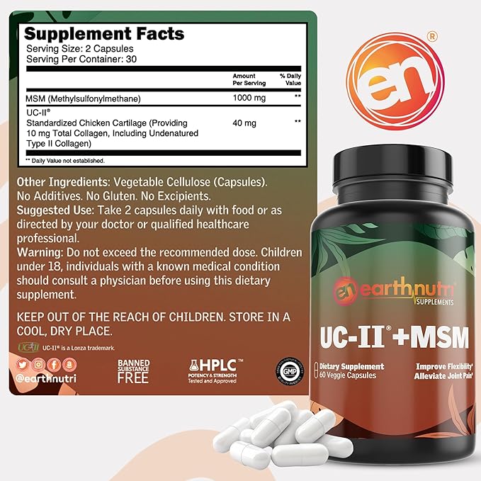 UC-II & MSM Supplement for Bone Health and Joint Flexibility - Supports Mobility & Comfort - 40mg UC-II Providing 10mg Total Collagen & 1000mg MSM - 60 Capsules (2 Caps Daily)