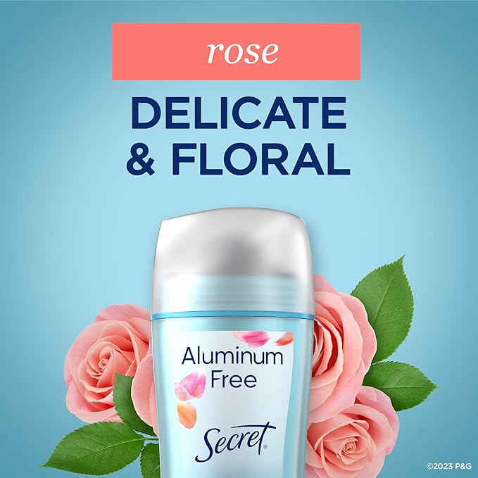 Secret Aluminum Free Deodorant for Women, 48hr Odor Protection, Free of Parabens Dyes Talc & Baking Soda, PH Balancing Minerals, Dry Solid, Rose Scent, 2.4 oz (Pack Of 3)