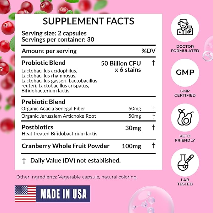 Women’s Probiotic for Vaginal Health | 50 Billion CFU with Probiotics, Prebiotic, Postbiotics & Cranberry for pH Balance, UTI Support, Yeast, Gut Health, Odor, Dryness & Feminine Comfort