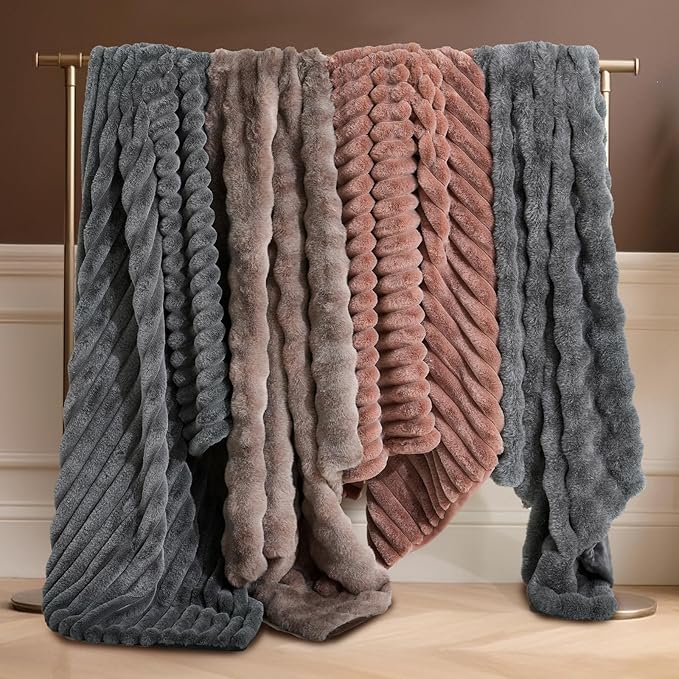 Amélie Home Faux Fur Throw Blanket for Couch, Fuzzy Cozy Soft Fluffy Fur Luxurious Soft Bubble Blanket for Sofa Bedroom Living Room, 60"x80" Inches, Ionic Bear Brown