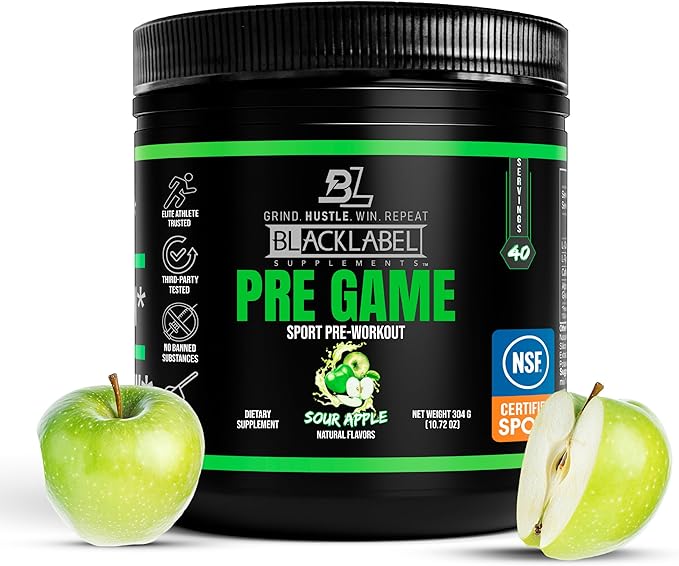 BLACKLABEL Supplements PRE-Game Pre Workout Powder, Sour Apple (40 Servings) – NSF Certified for Sport – Customizable 150mg Caffeine for Energy and Focus – Low-Stimulant Pre Workout for Men and Women