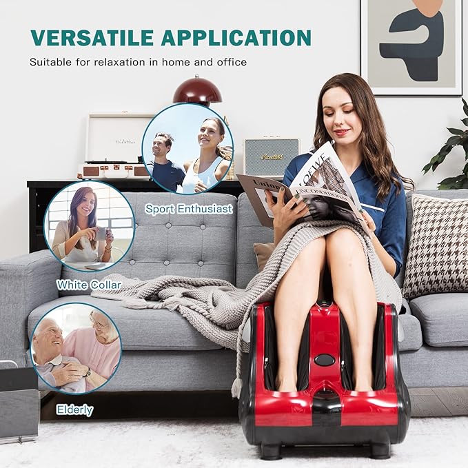 Giantex Foot and Calf Massager with Heat - Shiatsu Foot Massager Machine with Vibration, Deep Kneading, 3-Level Intensity Modes, Electric Foot Massager for Tired Feet, Leg, Calf Pain Relief (Red)