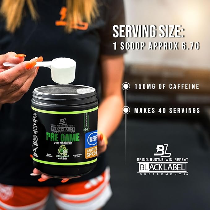 BLACKLABEL Supplements PRE-Game Pre Workout Powder, Sour Apple (40 Servings) – NSF Certified for Sport – Customizable 150mg Caffeine for Energy and Focus – Low-Stimulant Pre Workout for Men and Women